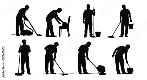 Professional cleaners doing housekeeping chores with cleaning tools