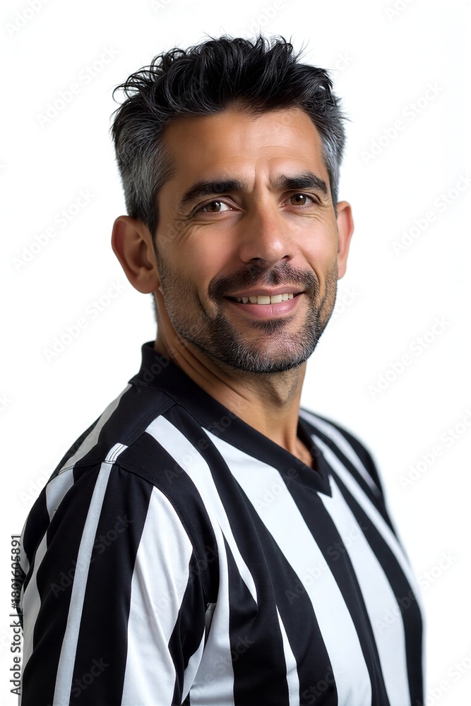 Obraz premium Man in black-white striped shirt, intense gaze, styled hair and beard, studio lighting against plain white background.