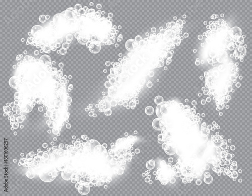 A variety of bubbles, each displaying unique designs, gracefully float on a plain gray surface