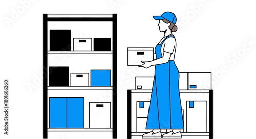 Efficient warehouse worker organizing inventory with boxes on shelves