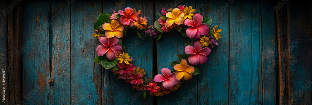 Obraz premium Romantic heart-shaped floral wreath crafted with vibrant pink, yellow, and orange tropical plumeria flowers and diverse blossoms, set against rustic, distressed teal wooden background