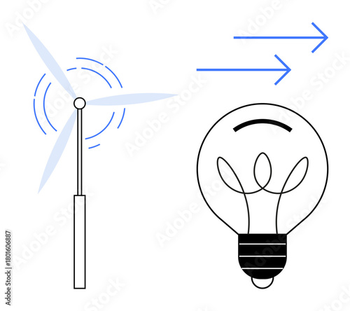 Wind turbine generating motion with electricity symbolized by lightbulb and arrow. Ideal for sustainability, renewable energy, innovation, eco-friendly solutions, green technology, wind power, energy