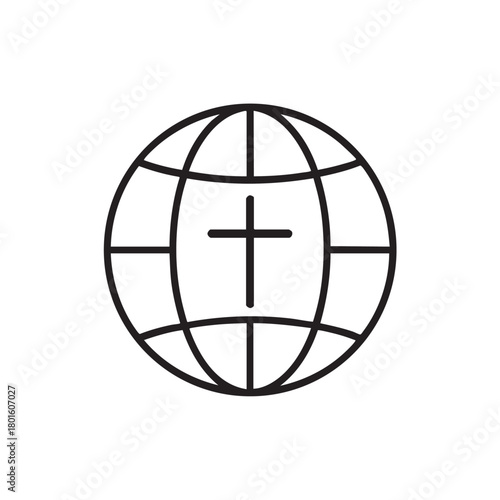 A simple black and white line drawing depicts the earth with a cross at its center
