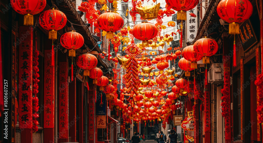 Fototapeta premium Red chinese street adorned with lanterns and traditional decorations for Chinese New Year. Festive atmosphere in a market alley.