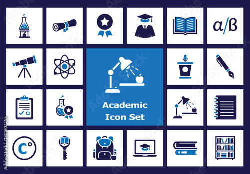 Flat Color Icons: Academic, Education, School, University, Student, Diploma, Books, Science, Math, Telescope, Atom, Lab, Microscope.