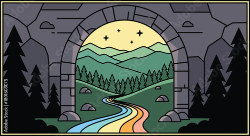 Discover enchanting mountain views through ancient stone archway art