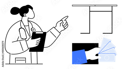 Doctor holding clipboard, pointing towards blank diagram, hand holding cash. Ideal for healthcare planning, budgeting, resource allocation, decision-making, finance management, medical strategy