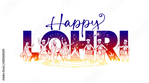 Happy Lohri post design. Punjabi Sikh couple celebrating and performing bhangra dance around bonfire. Cultural festival of India.