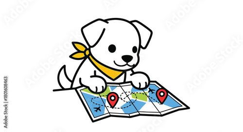 Adorable cartoon puppy planning exciting travel adventures with a map