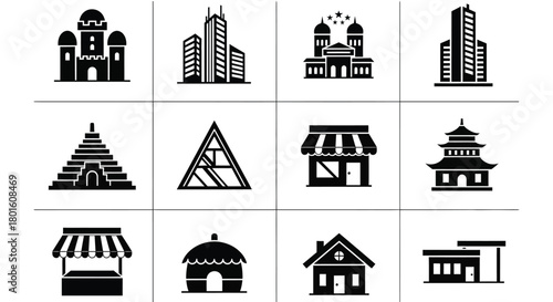 Explore diverse architecture styles with these trendy building icons