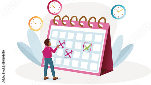 Isometric illustration of a person marking days on a calendar symbolizing planning scheduling or tracking progress with a clean modern design