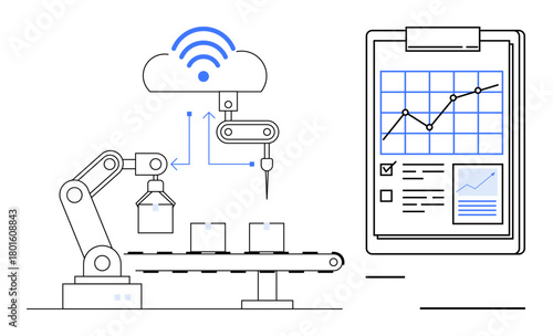 Industrial robotic arm assembling products on conveyor belt, cloud with wireless connection, data charts on clipboard. Ideal for industry 4.0, automation, IoT, smart factory, efficiency analytics