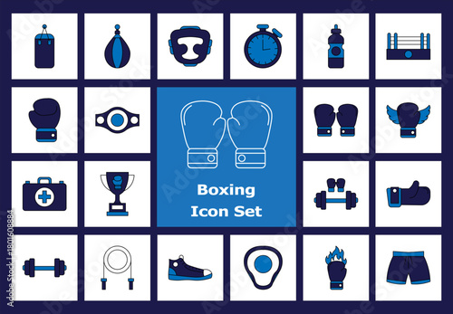 Flat Color Icons: Boxing, Sports, Training, Fitness, Gym, Gloves, Ring, Punching Bag, Stopwatch, Trophy, Weights, First Aid Kit.
