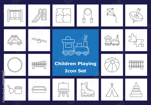 Line Icons: Children Playing, Games, Fun, Activities, Outline Icons of Playground, Toys, Swing, Slide, Train, Puzzle, Kite, Ball.