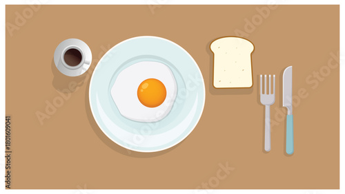 Breakfast Plate with Fried Egg, Toast and Coffee Illustration