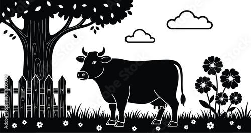 Black and white cow illustration in farm landscape vector art editable vector