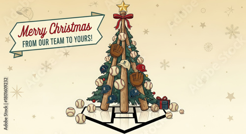 Baseball Christmas Tree: Team Greeting with Sports Equipment and Festive Decorations
