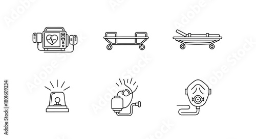 Medical Emergency Equipment Icons Defibrillator, Stretcher, Siren, Oxygen, and Mask