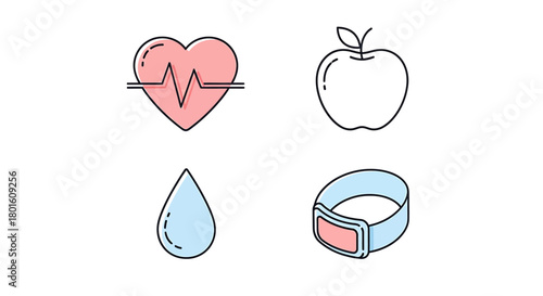 Set of healthy lifestyle icons including a heart rate monitor, an apple, a water droplet, and a fitness tracker, representing wellness and good health