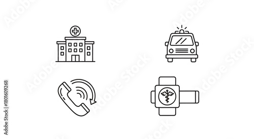 Collection of essential healthcare icons, including a hospital, ambulance, telephone, and medical smartwatch for medical services and emergency assistance
