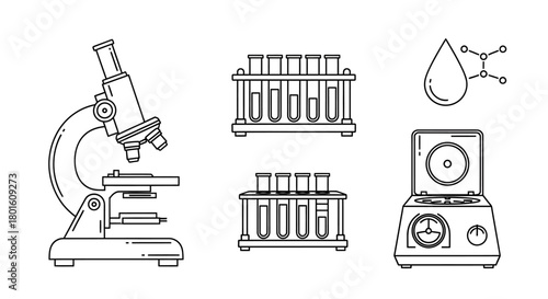 Scientific Laboratory Equipment Line Art Set Microscope, Test Tubes, and Centrifuge in Outline