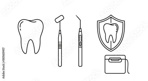 Essential Dental Care Tools and Oral Hygiene Icons Set for Healthy Teeth and Gums, Featuring Instruments, Floss, and Protective Shield Illustrations