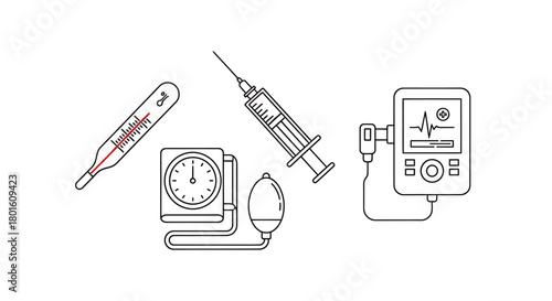 Medical Instruments Thermometer, Syringe, Blood Pressure Monitor, and More in a Diagnostic Set