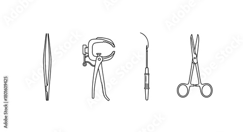 Medical Tools Icon Set Tweezers, Clamp, Probe, and Scissors – Perfect for Healthcare Designs