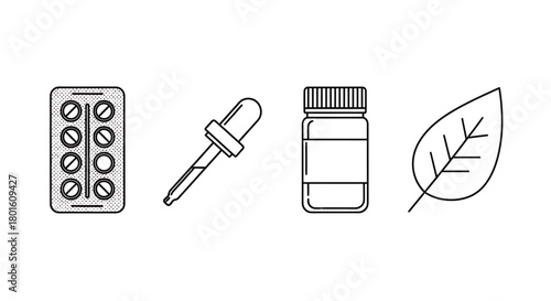 A simple line icon set illustrating concepts of medicine and healthcare, featuring a blister pack, dropper, medicine bottle, and a leaf for natural remedies