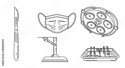 A collection of essential surgical instruments and operating room equipment illustrated in a clean line art style