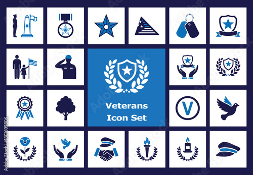 Flat Color Icons: Veterans, Military Service, Memorial Day, Remembrance, Soldier, Medal, Dog Tags, Honor, Salute, Peace Dove, Wreath.