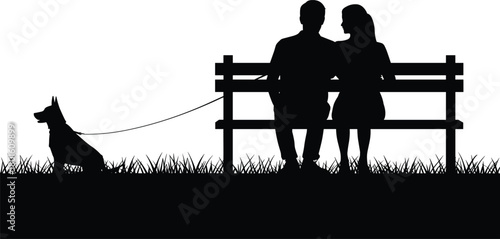 Couple with dog on bench, silhouette vector, park scene, peaceful moment, love, companionship, outdoor, pet, black icon, sitting
