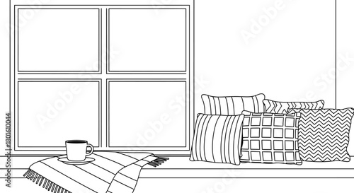 Cozy winter window seat with pillows and snow scene illustration editable vector