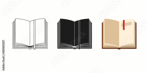 Open Book Vector Vector Set in Three Styles — Line Art, Silhouette and Color Version with Blank Pages and Bookmark for Education and Creativity Projects