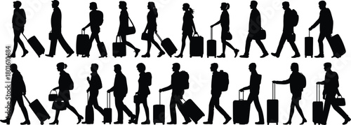 Travelers walking with luggage, airport silhouettes, black icons, tourism concept, transit people, travel illustration, journey, vacation, backpack, suitcase