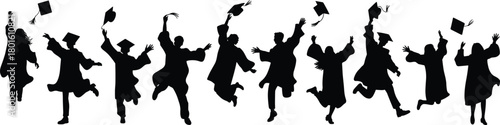 Celebrating graduation success, joyful students jumping, academic achievement celebration, graduates throwing caps, education milestone moment, happy silhouettes celebrating accomplishment together