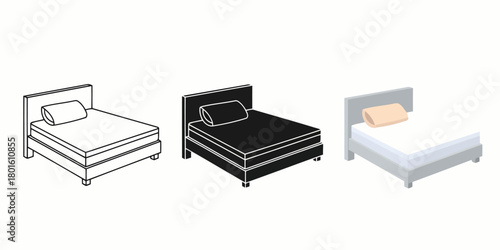 Bed Vector Set in Three Styles — Line Art, Silhouette and Color Version with a pillow showcasing furniture and relaxation for interior design projects