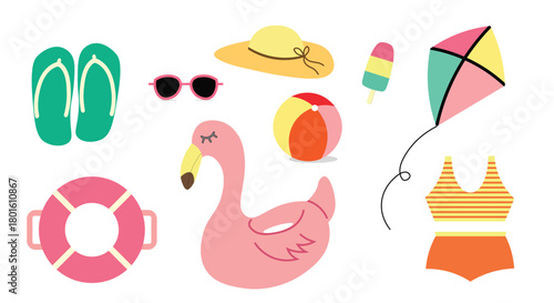 Summer Beach Items Illustration with Flamingo, Flip Flops and Accessories