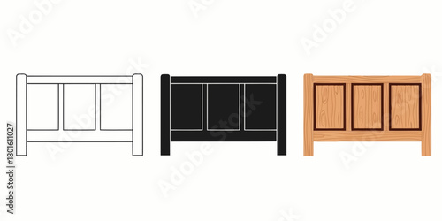 Wooden bed headboard Vector Set in Three Styles — Line Art, Silhouette and Color Version with three rectangular panels for minimalist furniture designs