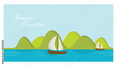 Summer Vacation Landscape with Sailboats and Green Mountains