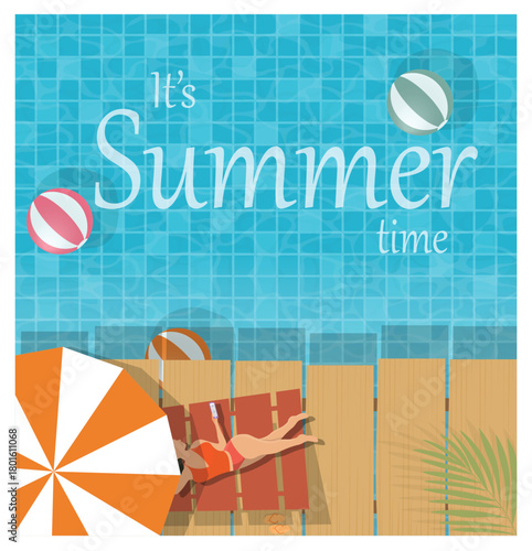 Summer Poolside Illustration with Woman Relaxing and Beach Umbrella
