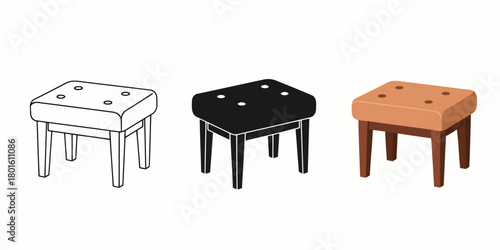 Stool Illustration with Four Legs Vector Set in Three Styles — Line Art, Silhouette and Color Version Perfect for Furniture Design and Home Decor Projects and Graphic Art