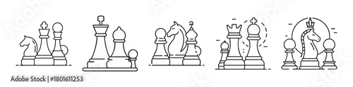Minimalistic line art chess pieces icon set collection