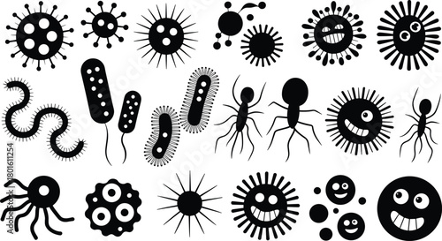 Whimsical cartoon microbes, cute bacteria icons, funny virus illustrations, abstract germ characters, playful microbiology designs, black silhouette pathogen graphics, science artwork