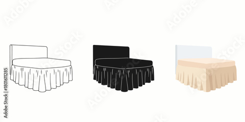 Bed  Vector Set in Three Styles — Line Art, Silhouette and Color Version with Headboard and Bed Skirt for Interior Design Concepts