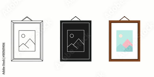 Framed Landscape Artwork Hanging on Wall ector Set in Three Styles — Line Art, Silhouette and Color Version for Interior Decoration