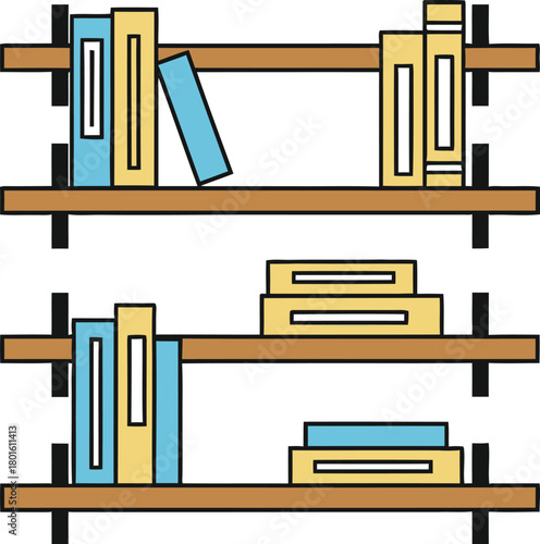 Wall bookshelf icon with stacked blue and yellow books for home decor Vector illustration