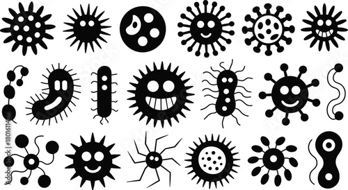Cute microbe icons, cartoon bacteria and virus silhouettes, funny germ characters, scientific microorganism illustration set, black and white pathogen graphics collection