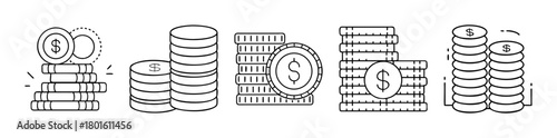 Various stacks of coins icons set showing dollar currency