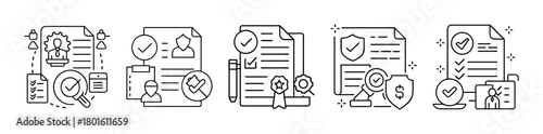 Regulatory compliance verification line icon set